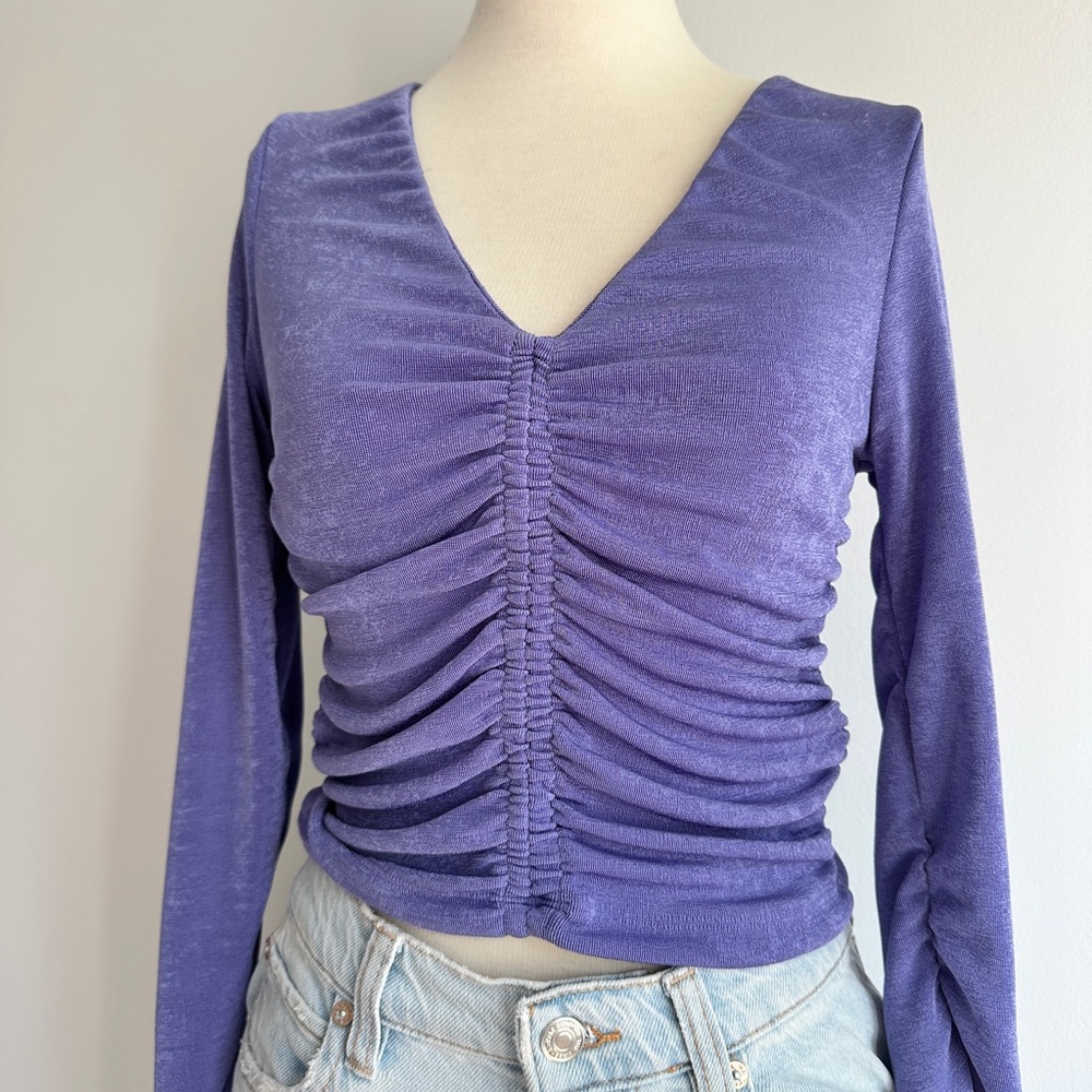 Ole by Koton Purple Fitted Ruched Long Sleeve Blouse